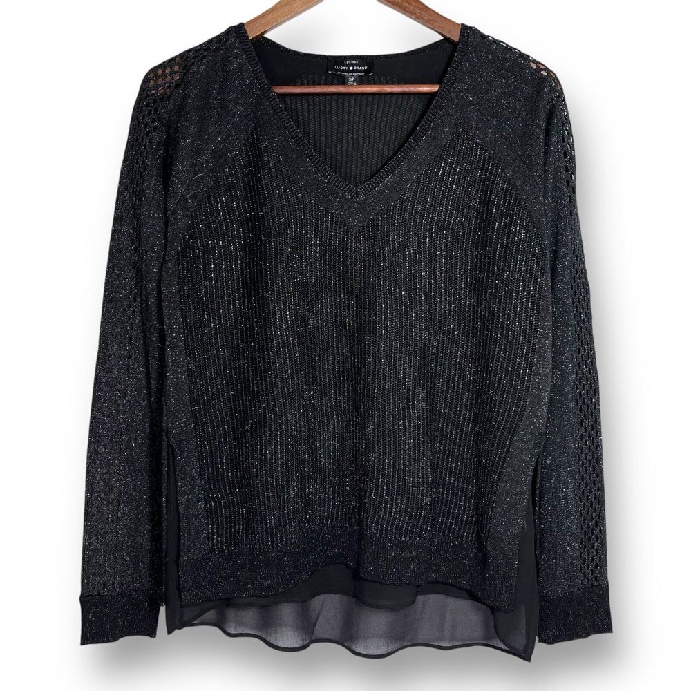 Lucky Brand Linen Sweater | Mixed Media Metallic | S | Mesh Detail | Layered